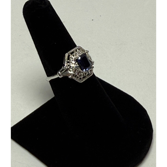 14K Art Deco Style White Gold Lab Created Blue Sapphire Ring 3.24grams Size 6.5 - Picture 3 of 9